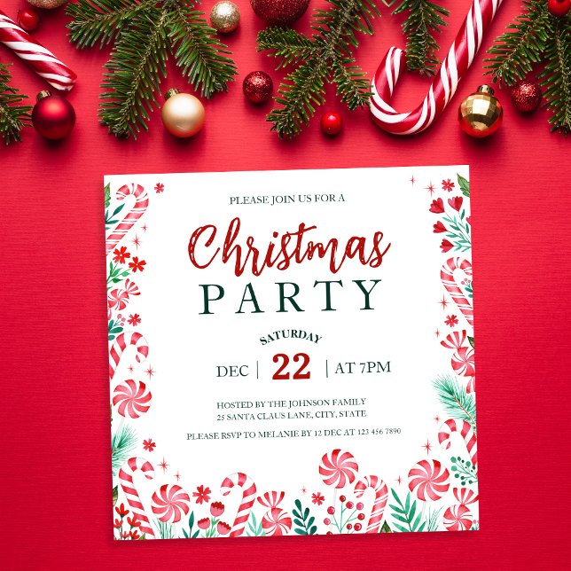 Invitación Fiesta de Navidades de Candy Canes de Peppermint W (Watercolor Peppermint Candy Canes Christmas Party Invitation)