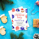 Invitación Fiesta de Navidades de canto azul rojo ornamento b<br><div class="desc">Esta encantadora y festiva invitación para fiestas de Navidades es perfecta para cualquier fiesta festivo. Tiene adornos rojos, azules, blancos, negros y verdes dibujados a mano, rodeados de un borde. Los adornos incluyen un Santa Claus, un copo de nieve, un árbol y adornos decorativos. Es moderno, fresco, único y divertido;...</div>