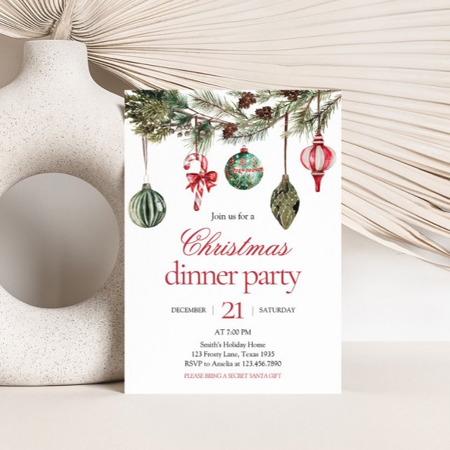 Invitación Fiesta de Navidades de Cena de Elegantes Ornaments (Elegant Red Green Ornaments Dinner Christmas Party Invitation )