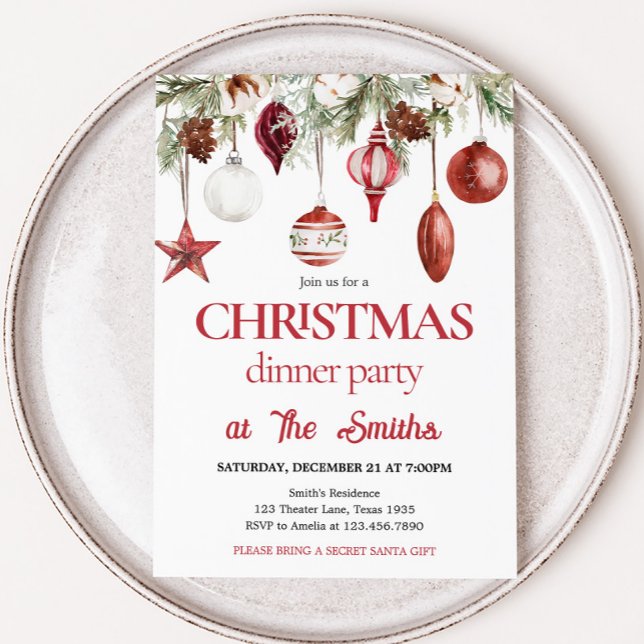 Invitación Fiesta de Navidades de cena de Ornaments de Invier (Red Ornaments Dinner Christmas Party Invitation)