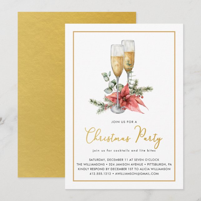 Invitación Fiesta de Navidades de Champagne Poinsettia Greene (Anverso / Reverso)