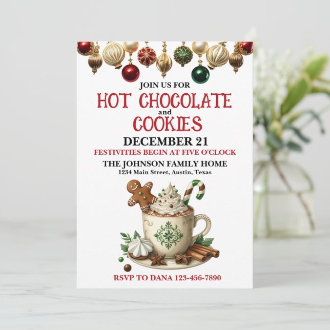 Invitación Fiesta de Navidades de chocolate caliente y cookie (Anverso de pie)