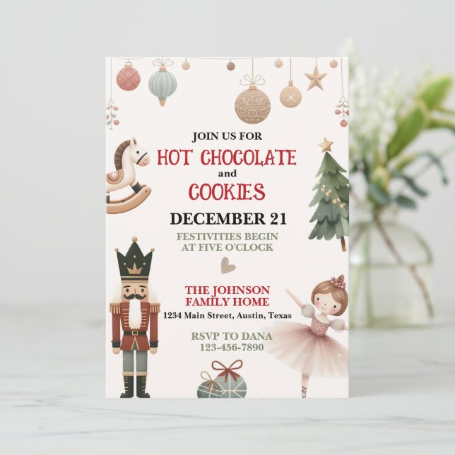 Invitación Fiesta de Navidades de chocolate caliente y cookie (Anverso de pie)