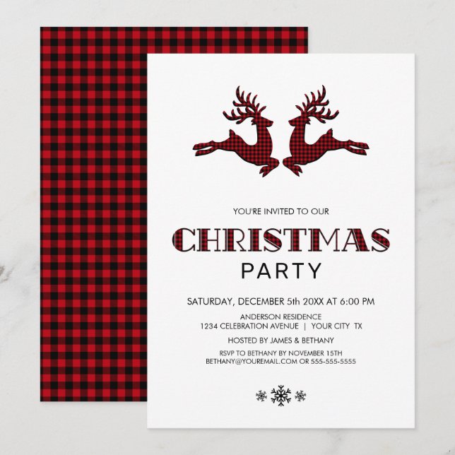 Invitación Fiesta de Navidades de ciervos de búfalo rojo negr (Anverso / Reverso)