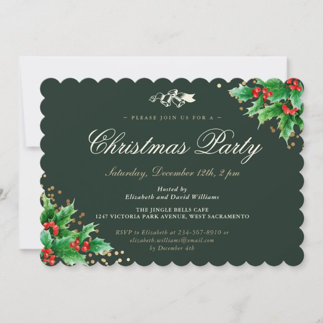 Invitación Fiesta de Navidades de Classy Green Holly Berries (Anverso)
