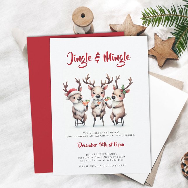 Invitación Fiesta de Navidades de cócteles de renos de Jingle (jingle mingle christmas party invitation reindeer cocktails mixer annual family holiday funny cute)