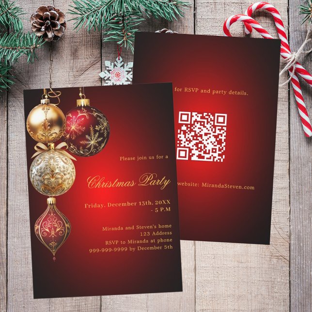 Invitación Fiesta de Navidades de código QR en baubles de oro (Subido por el creador)