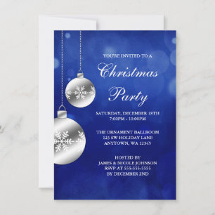 Invitación Fiesta de Navidades de color azul con adornos plat