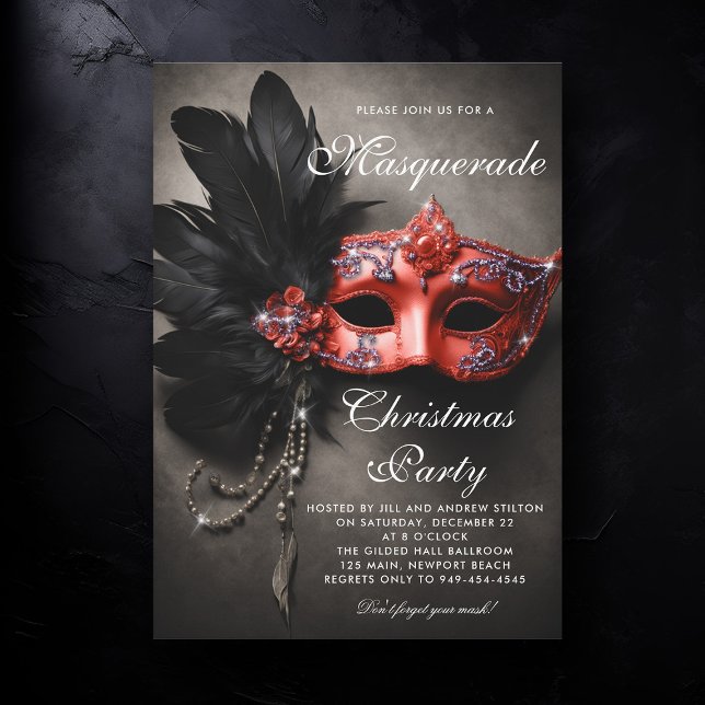 Invitación Fiesta de Navidades de color negro plateado rojo (masquerade christmas party invitation venetian mask red black silver elegant ball painting artistic)