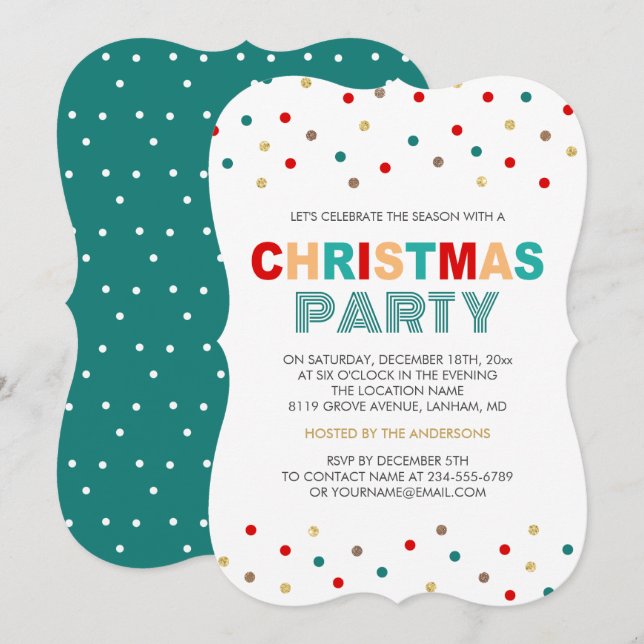 Invitación Fiesta de Navidades de Confetti Verde Rojo de Oro  (Anverso / Reverso)