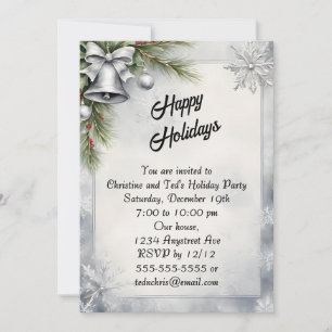 Invitación Fiesta de Navidades de copas de plata y copos de n