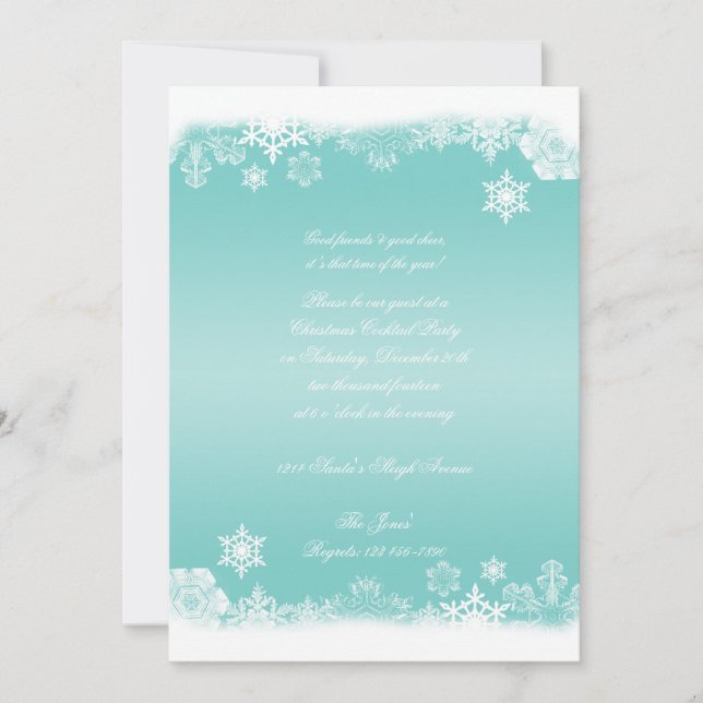 Invitación Fiesta de Navidades de copos de nieve azul claro y (Anverso)
