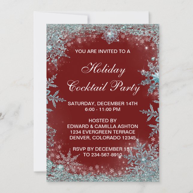 Invitación Fiesta de Navidades de copos de nieve azul Verde a (Anverso)