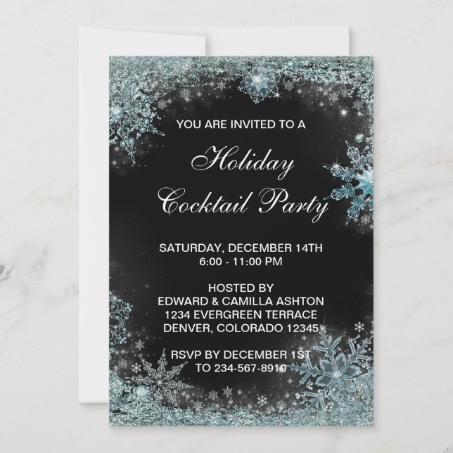 Invitación Fiesta de Navidades de copos de nieve azul Verde a (Anverso)