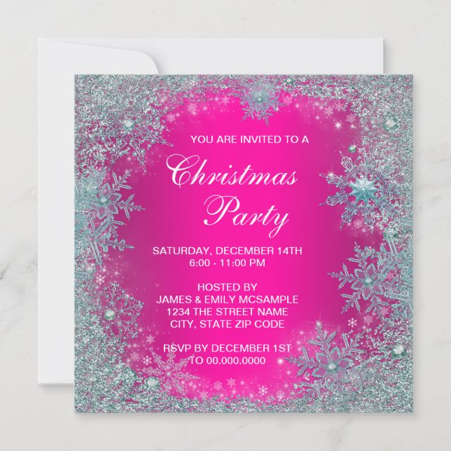 Invitación Fiesta de Navidades de copos de nieve azul Verde a (Anverso)