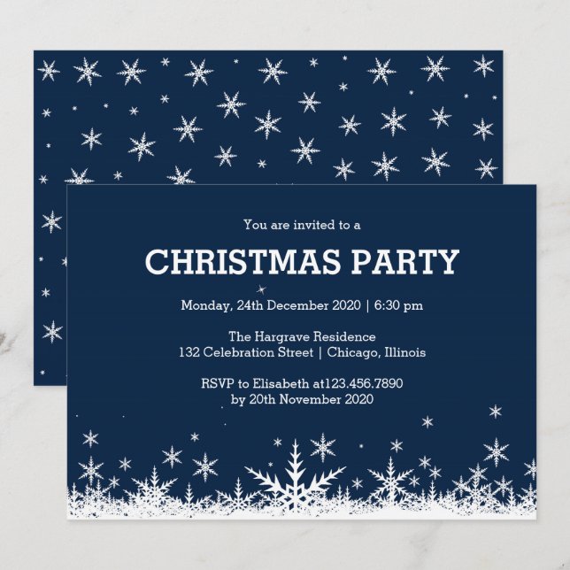 Invitación Fiesta de Navidades de copos de nieve azules y bla (Anverso / Reverso)