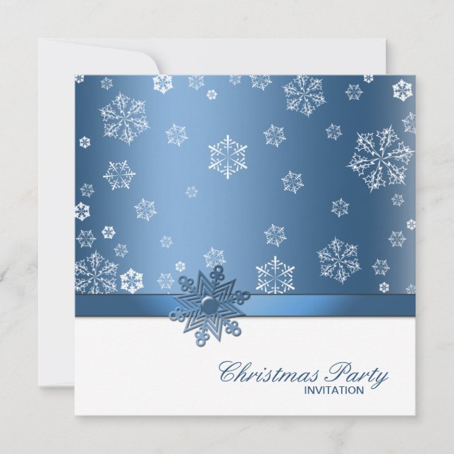 Invitación Fiesta de Navidades de copos de nieve azules y bla (Anverso)