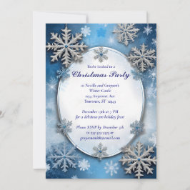 Invitación Fiesta de Navidades de copos de nieve azules y pla