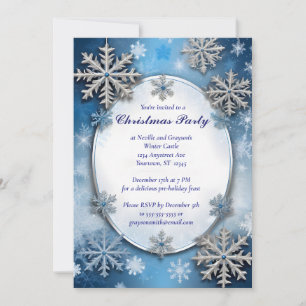 Invitación Fiesta de Navidades de copos de nieve azules y pla