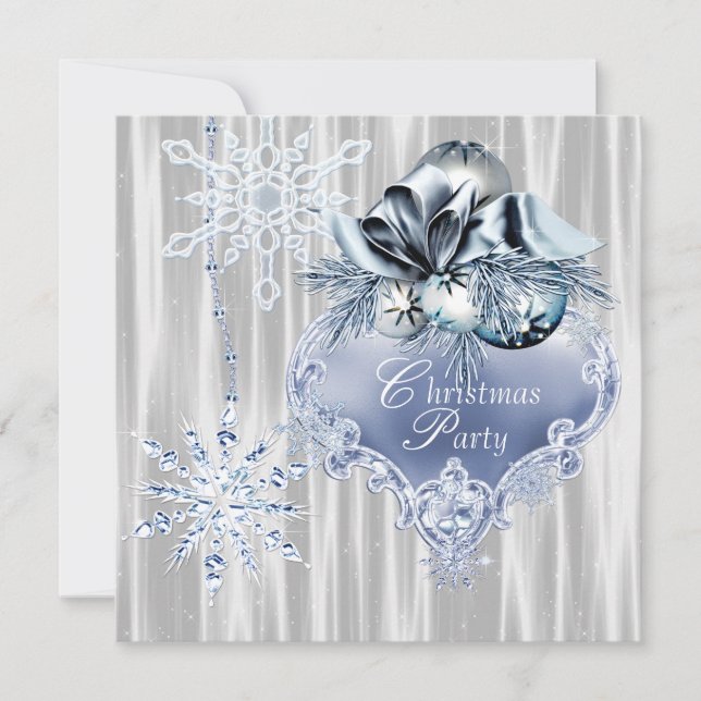 Invitación Fiesta de Navidades de copos de nieve blancos azul (Anverso)