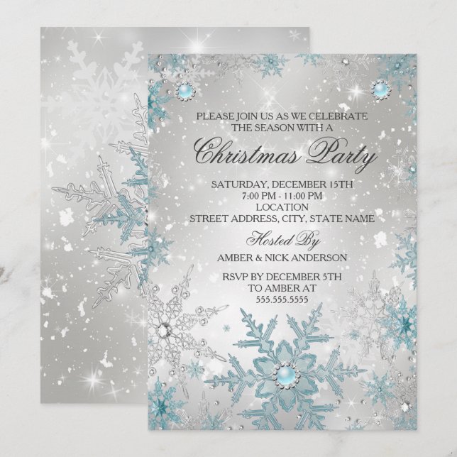 Invitación Fiesta de Navidades de copos de nieve Blue Pearl C (Anverso / Reverso)