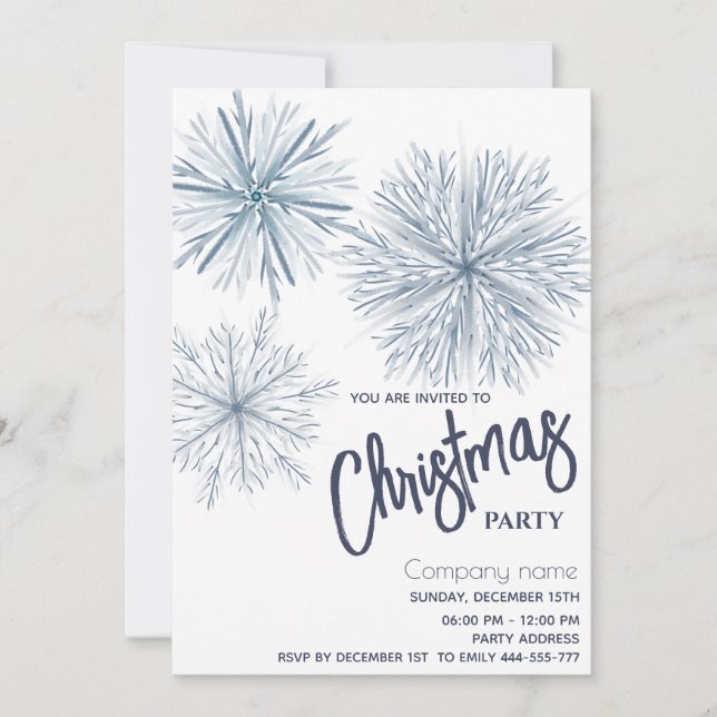 Invitación Fiesta de Navidades de copos de nieve de acuarela  (Anverso)