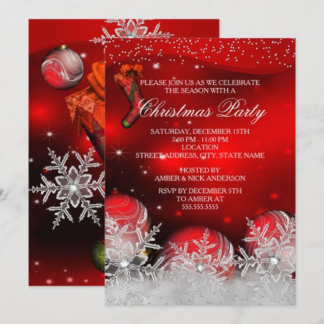 Invitación Fiesta de Navidades de copos de nieve de Crystal (Anverso / Reverso)