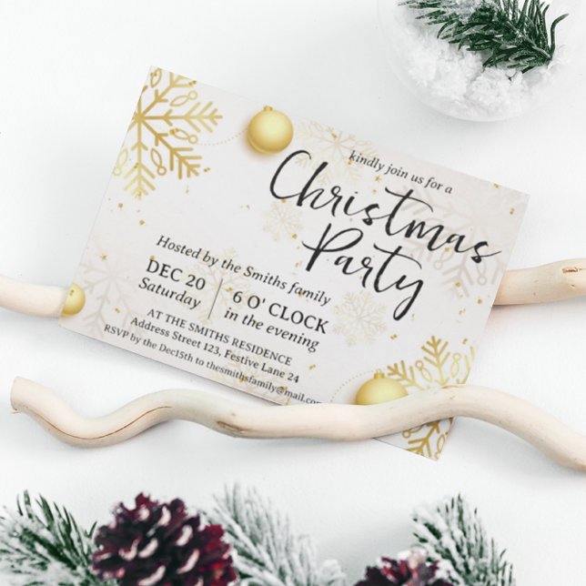 Invitación Fiesta de Navidades de copos de nieve de oro (Subido por el creador)