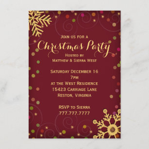 Invitación Fiesta de Navidades de copos de nieve de oro rojo