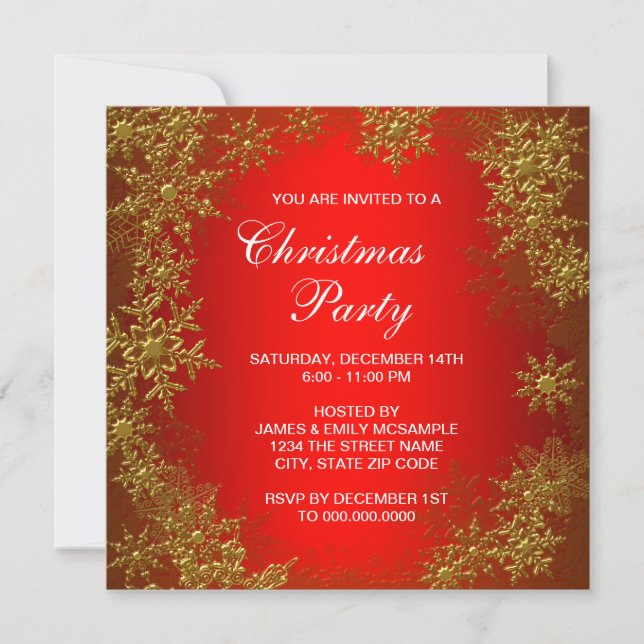Invitación Fiesta de Navidades de copos de nieve de oro rojo (Anverso)