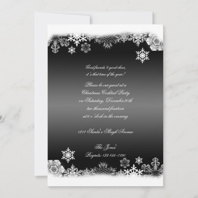 Invitación Fiesta de Navidades de copos de nieve negros y bla (Anverso)