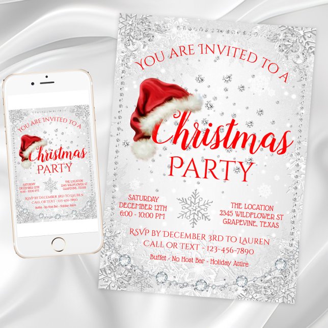 Invitación Fiesta de Navidades de copos de nieve Red Santa Ha (Santa hat snowflake Christmas party invitation. Available for instant download and print.)