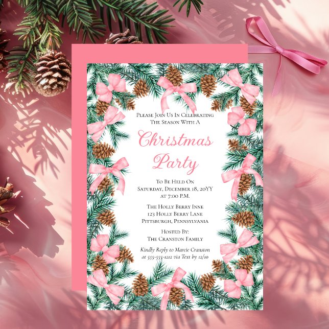 Invitación Fiesta de Navidades de Coquette Pine Boughs y Bows (Elegant Coquette Style Pink Bows and Evergreen Pine Greenery Christmas Party Invitation)