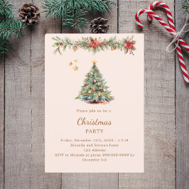 Invitación Fiesta de Navidades de crema de flores rojas de la