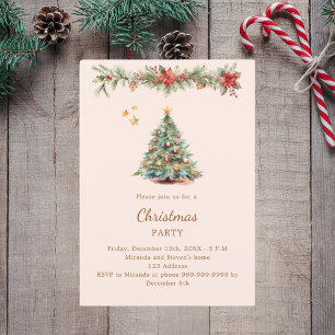 Invitación Fiesta de Navidades de crema de flores rojas de la