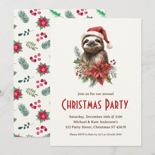 Invitación Fiesta de Navidades de Cute Sloth Santa Hat Poinse (Anverso / Reverso)