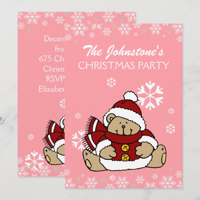 Invitación Fiesta de Navidades de Cute Teddy Bear (Anverso / Reverso)