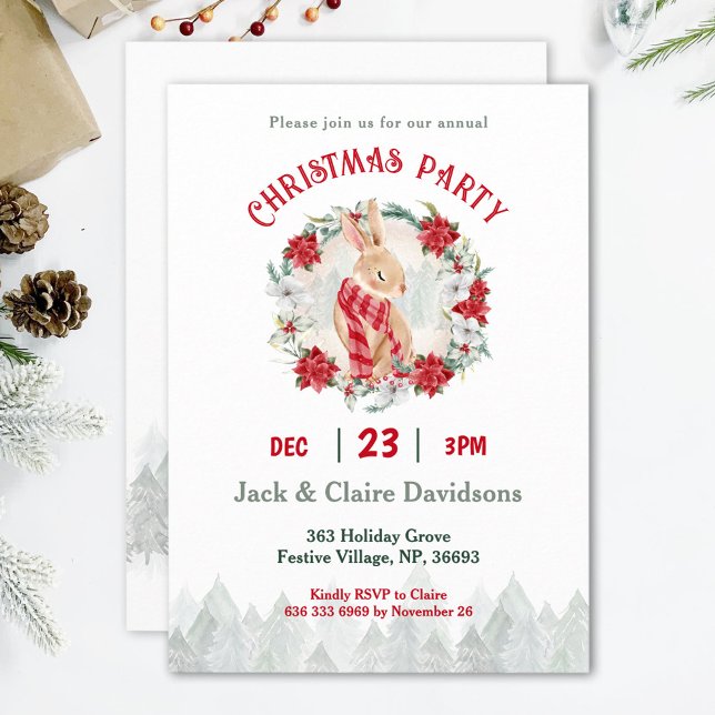 Invitación Fiesta de Navidades de Cute Winter Bunny Poinsetti (Cute Winter Bunny Poinsettia Christmas Party Invitation)