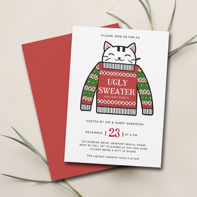 Invitación Fiesta de Navidades de dibujos de gatos modernos y (christmas party invitation ugly sweater cute cat modern maximalist happy cheerful family office)