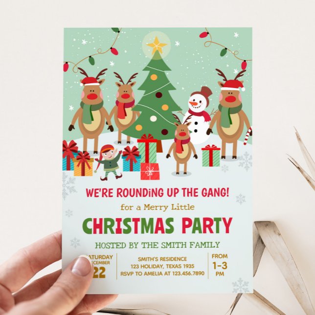Invitación Fiesta de Navidades de diversión de renos (Reindeer We're Rounding Up the Gang Christmas Party Invitation)