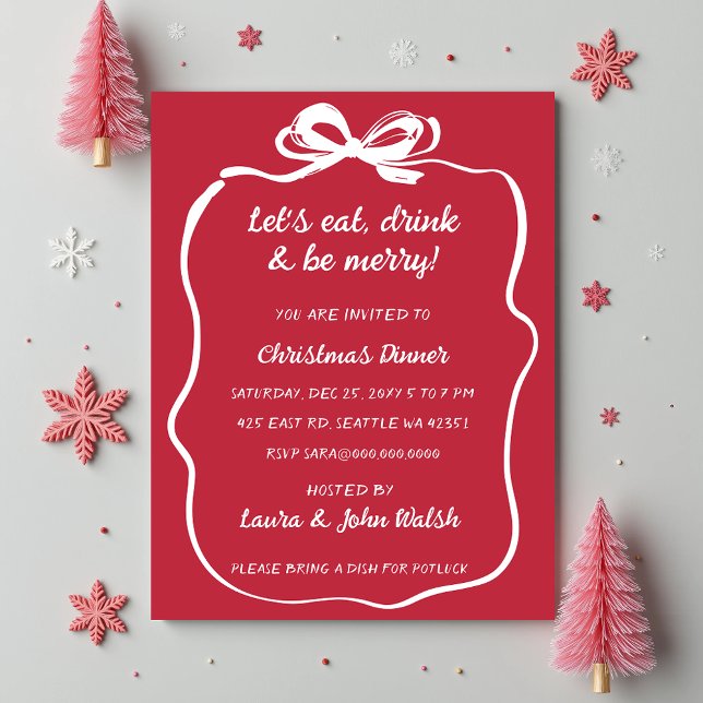 Invitación Fiesta de Navidades de Doodle Hand dibujó Red Whit (Doodle Hand drawn Red White Bow Christmas Party Invitation)
