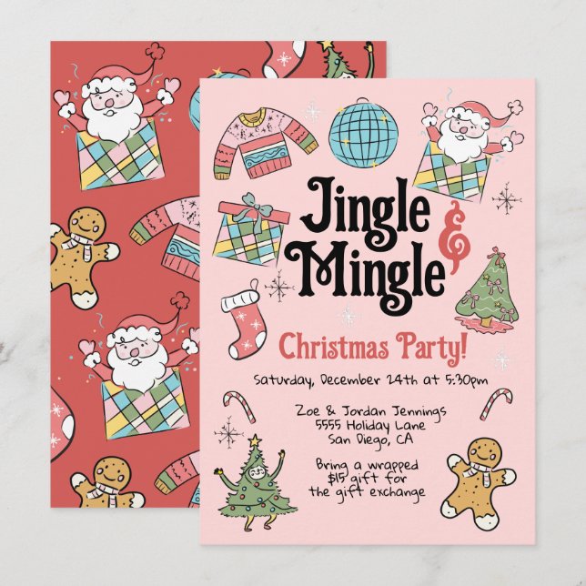 Invitación Fiesta de Navidades de Doodle Retro para Adultos o (Anverso / Reverso)