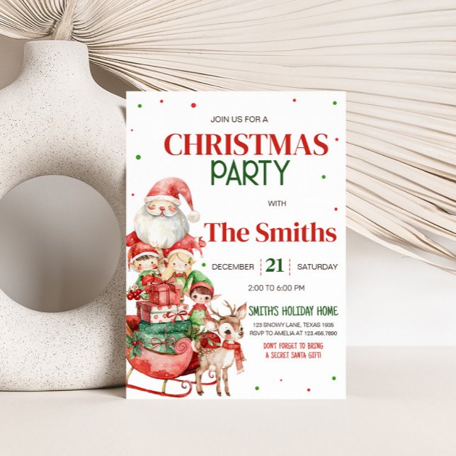 Invitación Fiesta de Navidades de elfo de renos de Santa (Secret Santa Reindeer Elf Kids Christmas Party Invitation)