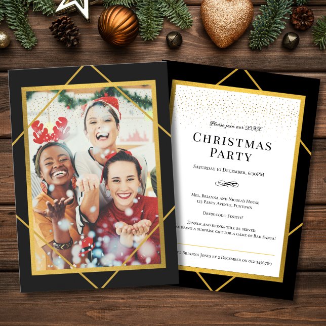 Invitación Fiesta de Navidades de esparkle fotográfico (Christmas Party Invitation with sparkle elements and custom photo in gold, black and white)
