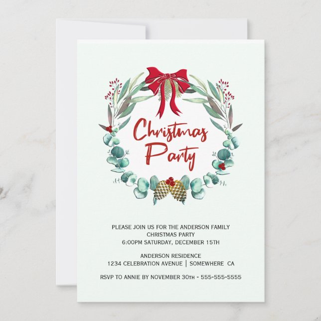 Invitación Fiesta de Navidades de Eucalyptus Leaf Wreath (Anverso)