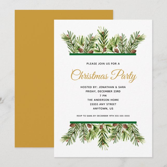Invitación Fiesta de Navidades de feriado de invierno con veg (Anverso / Reverso)