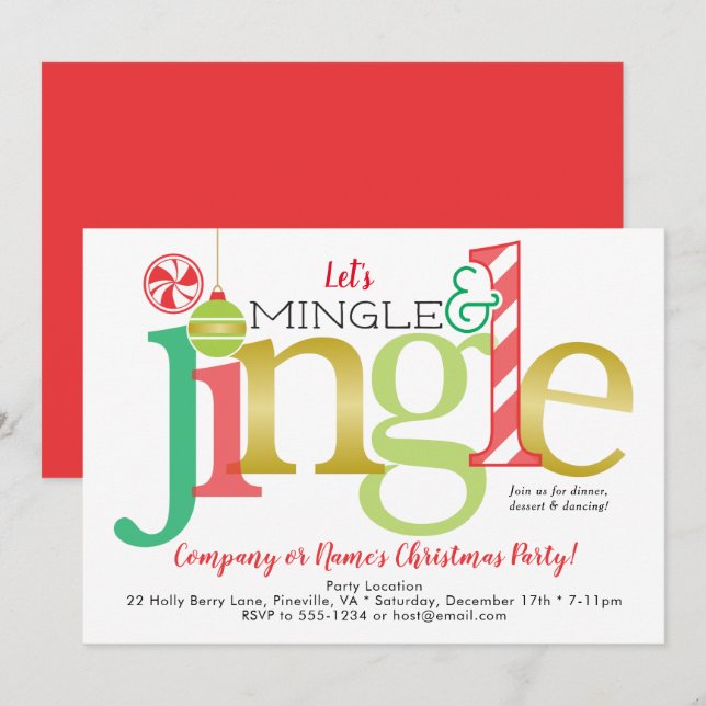 Invitación Fiesta de Navidades de Fiestas de Oro Rojo Mingle  (Anverso / Reverso)