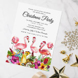 Invitación Fiesta de Navidades de Flamingo Tropical<br><div class="desc">Los navidades de las islas exóticas invitan a fiestas con un elegante fondo blanco que se puede cambiar a cualquier color, un arreglo tropical de flores de hibisco y hojas de palma, piña, coco, flamencos con sombreros de santa y un modelo moderno de fiesta de vacaciones que es fácil de...</div>