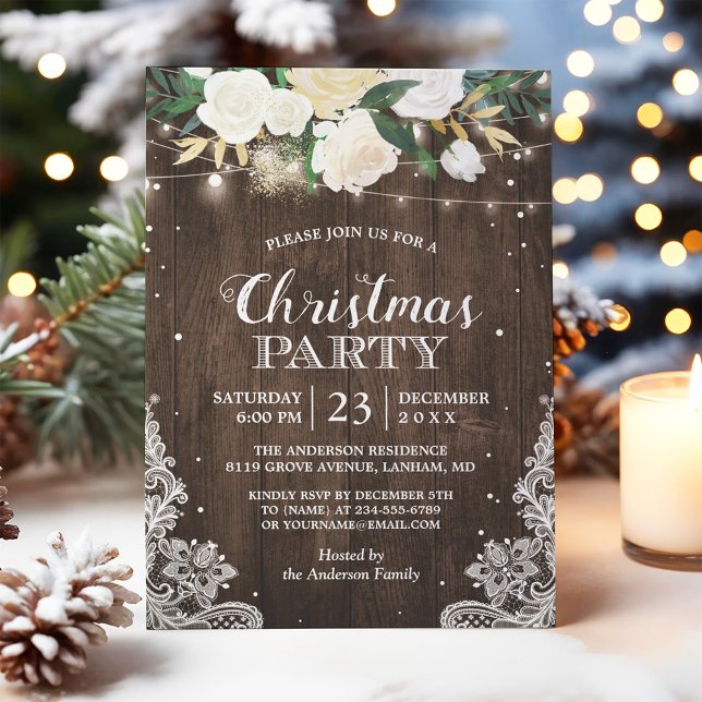 Invitación Fiesta de Navidades de flores blancas rusticas (Subido por el creador)