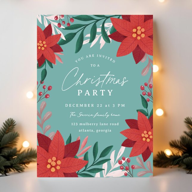 Invitación Fiesta de Navidades de flores de Poinsettia festiv (red and blue illustrated Christmas party invitation with florals and botanicals)